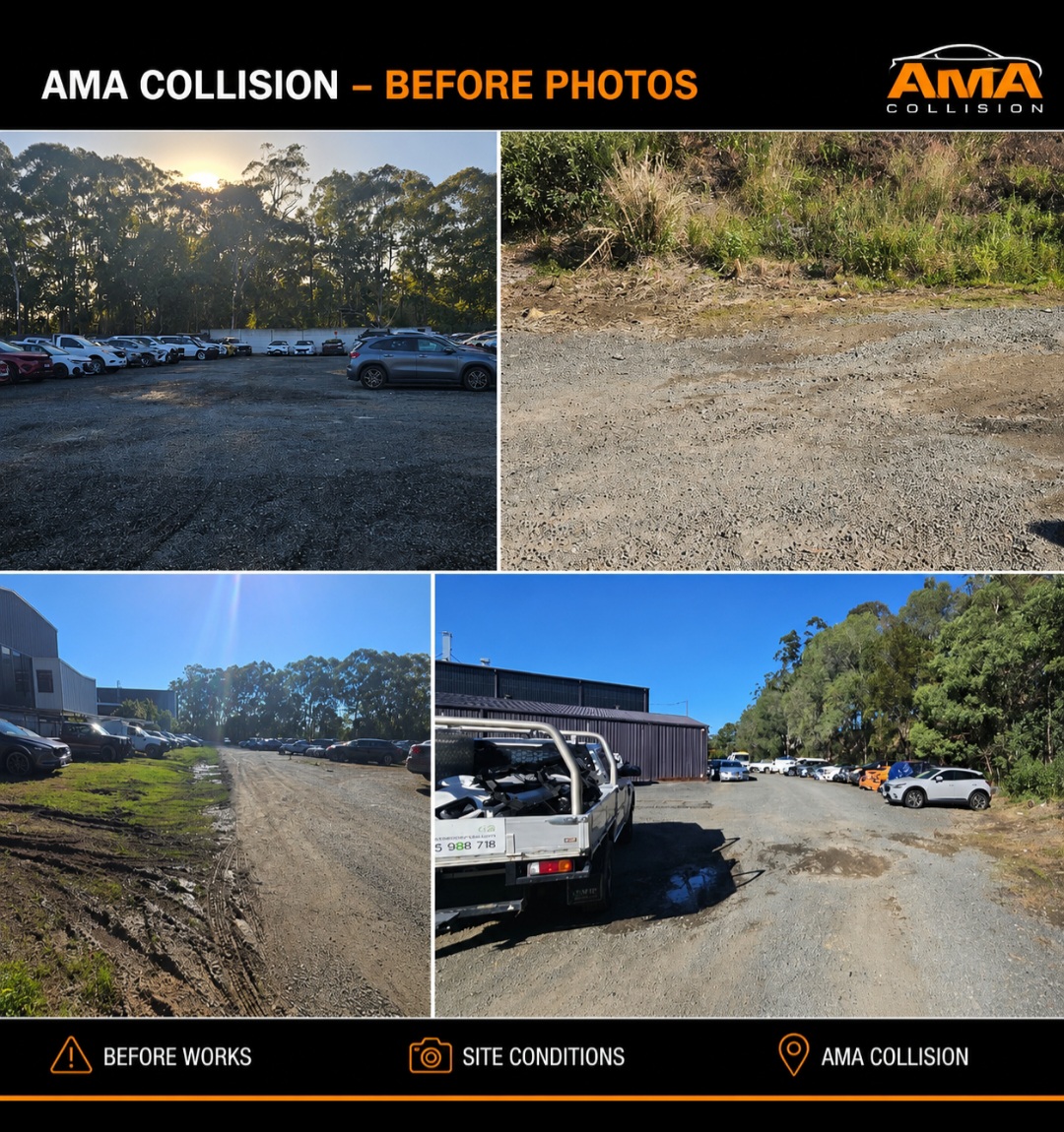 AMA Collision carpark before works — uneven gravel, low spots and washed-out access areas