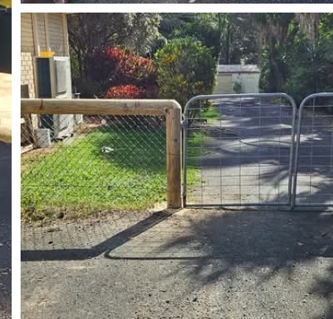 Existing gate and chain-mesh fence line that the new repair had to match into