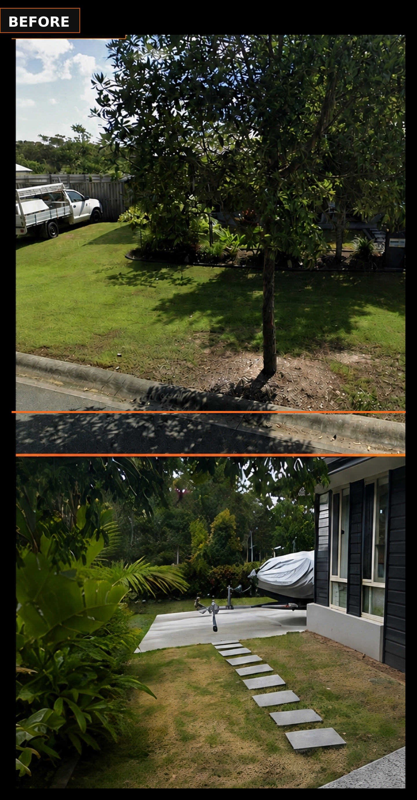 Two before views of the Coomera Waters front yard showing established trees in lawn and stepping stones beside the house.