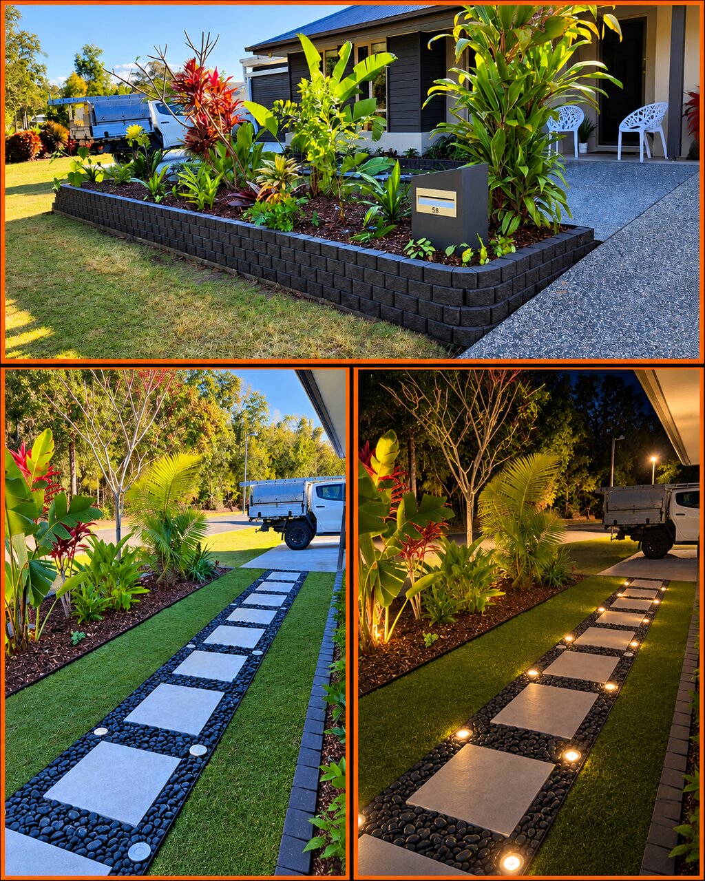 SOLLID's Coomera Waters landscaping collage — tropical garden beds and stepping-stone path by day and illuminated at night