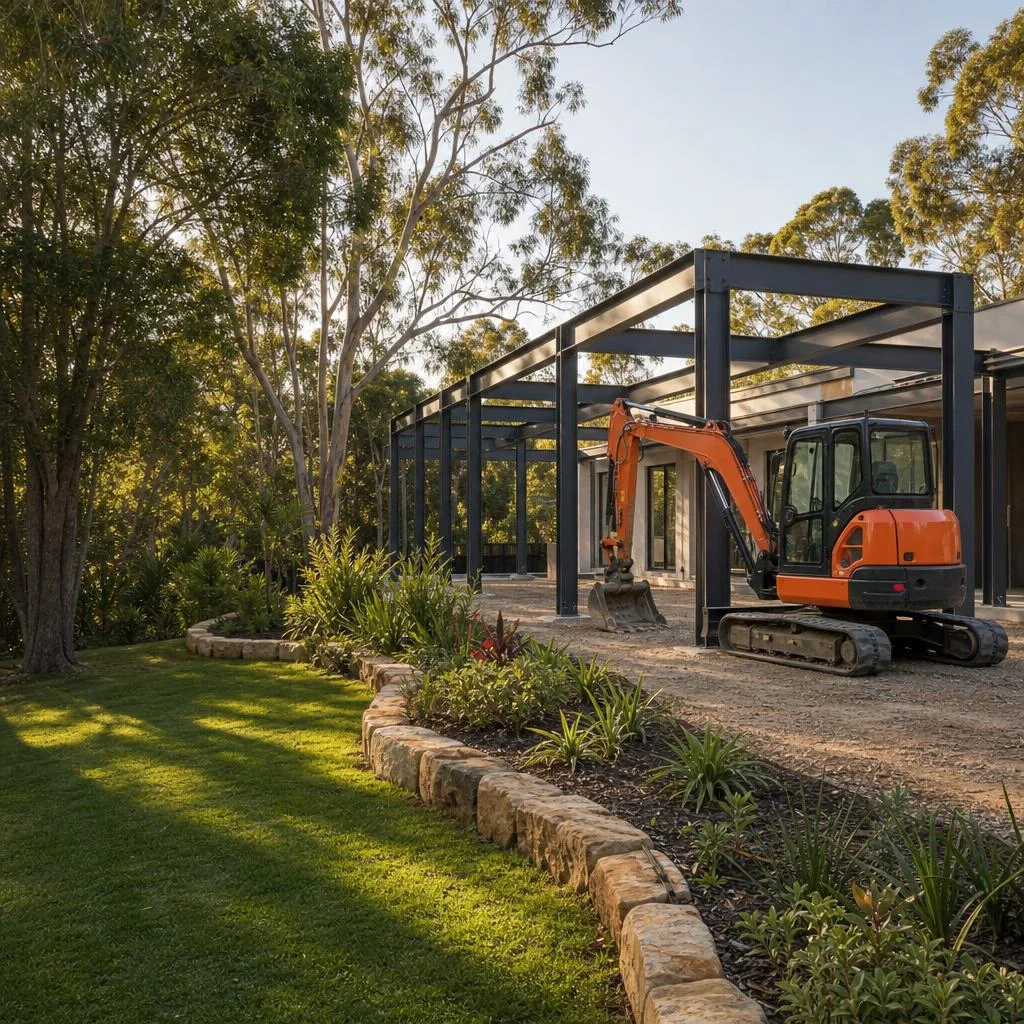 Illustrative concept of earthmoving, a structural steel house extension and landscaped gardens
